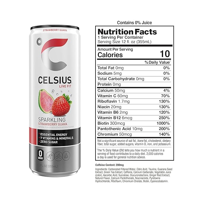 CELSIUS Sparkling Strawberry Guava Functional Essential Energy Drink 12 Fl Oz (Pack of 12)