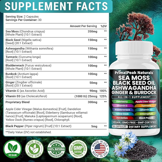 Sea Moss Black Seed Oil Ashwagandha Ginger Burdock Bladderwrack Turmeric &amp Vitamin C Vitamin D3 with ACV Elderberry Chlorophyll Dandelion Yellow Dock Vegan Capsules - 180 Count