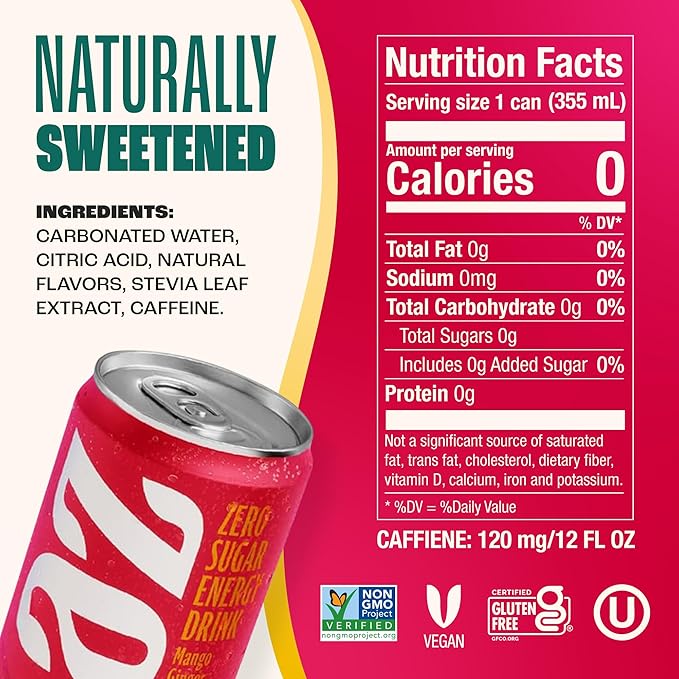 Zevia Zero Sugar Energy DrinkMango Ginger12 oz Cans – Naturally SweetenedZero Calorie Sugar Free Energy - Non-GMO Project VerifiedGluten-FreeVegan(Pack of 24)