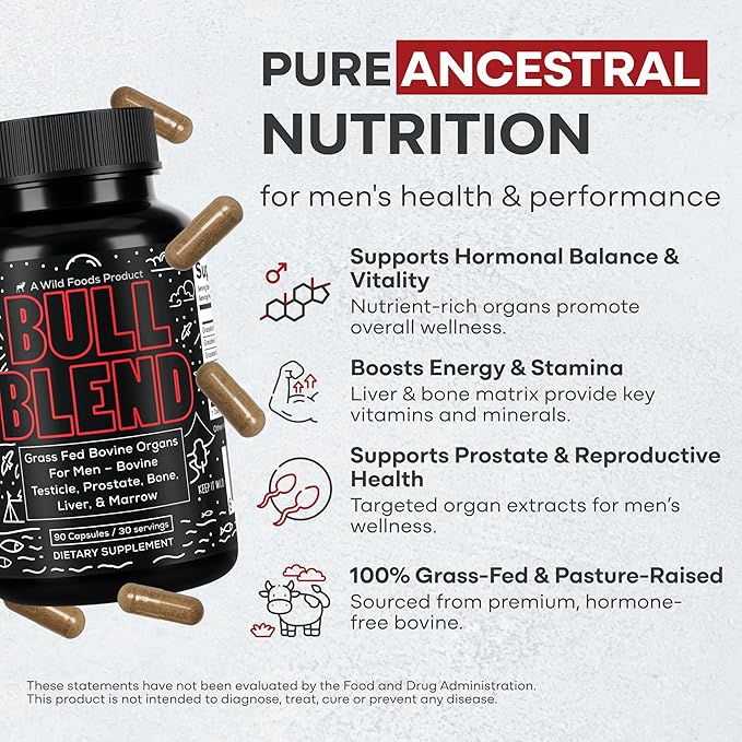 Wild Grass Fed Beef Organ Supplement for Men - Complete Ancestral Nutrition Complex with Beef Liver Testicle Prostate &amp Bone Matrix - Organ Meat Supplements - 30 Day Supply