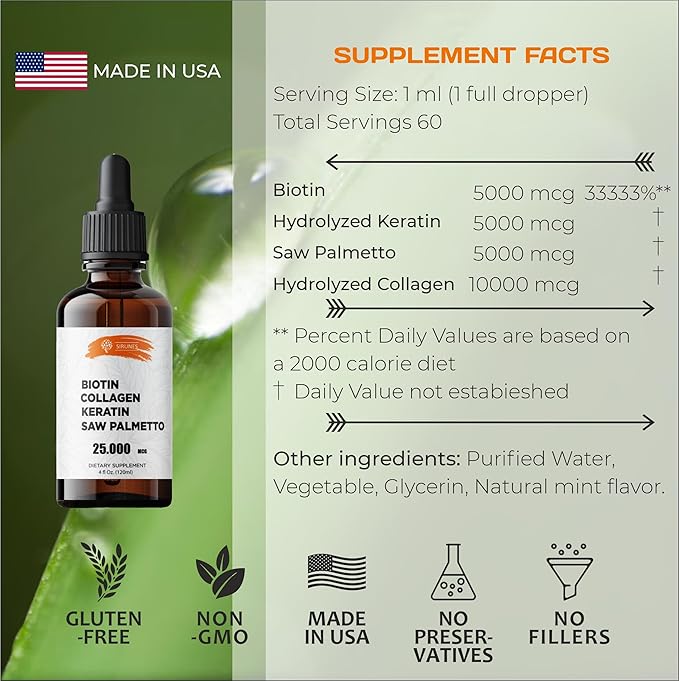 SIRUNES Liquid Biotin and Collagen Hair Skin Nails Supplement with 10000mcg Collagen 5000mcg Biotin Keratin Saw Palmetto 4 fl oz Made in USA