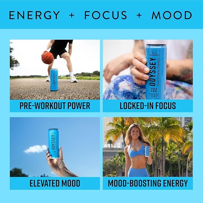Odyssey Functional Energy Drink for Focus Cognition &amp Mood Support 12 Pack - Adaptogenic Drink with 222mg Green Tea Caffeine Lion’s Mane Cordyceps L-Theanine &amp Ginseng - Sparkling Blue Ras
