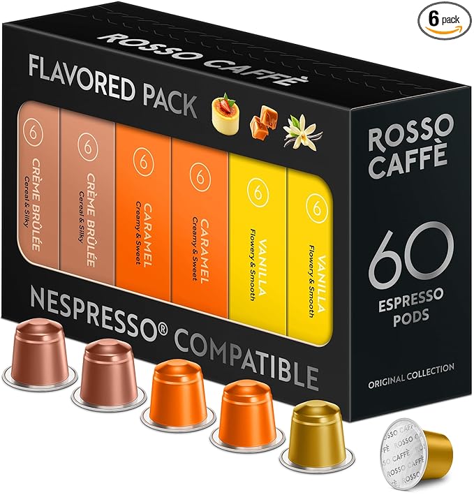 ROSSO CAFFÈ 60 Espresso Coffee Pods for Nespresso Original Machines - Pack of Premium Capsules 3 Rich and Balanced Flavors (Vanilla Crème Brulee Caramel)