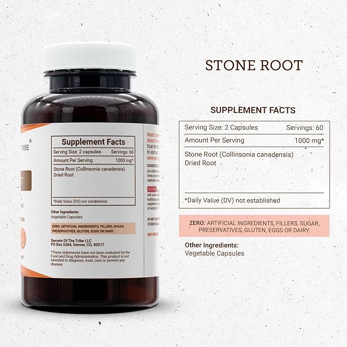 Secrets of the Tribe Stone Root 120 Capsules 1000 mg Responsibly farmed Stone Root (Collinsonia Canadensis) Dried Root (120 Capsules)