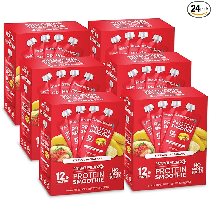 Designer Wellness Protein Smoothie Real Fruit 12g Protein Low Carb Zero Added Sugar Gluten-Free Non-GMO No Artificial Colors or Flavors Strawberry Banana 24 Count