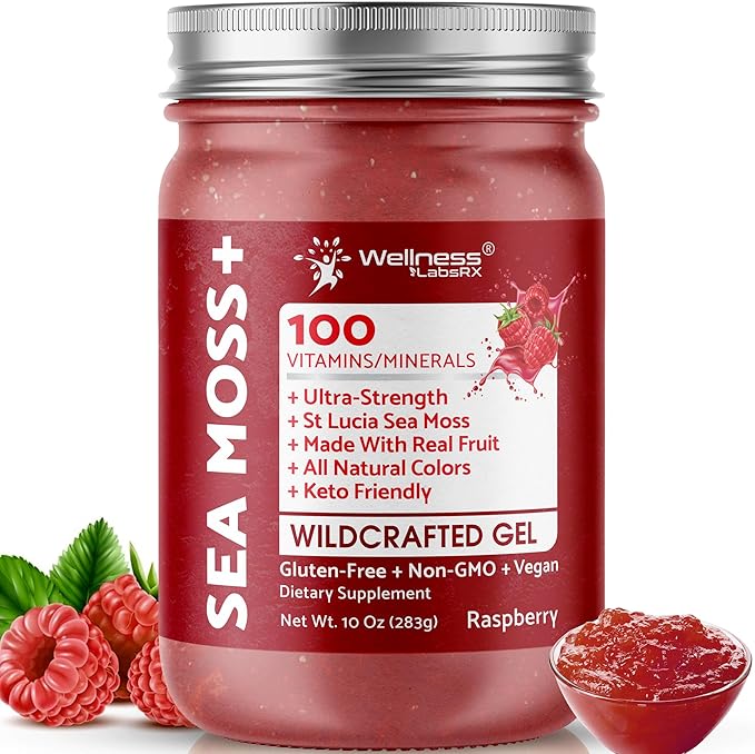 WELLNESS LABSRX Irish Sea Moss Gel Raw - Wildcrafted Superfood Seamoss Gel - Raspberry Flavor Vitamin and Mineral-Rich from Pristine Caribbean Waters Immune and Digestive Health Support - 10 oz.
