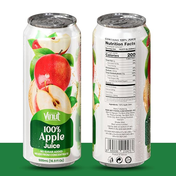 VINUT 100% Apple Juice No Added Sugar Not From Concentrate 16.9 fl oz (500 mL) Can Pack of 12