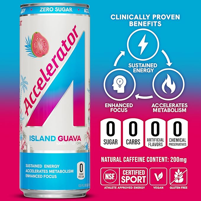 Accelerator Energy Drink Island Guava 12oz can (12 pack) Zero Sugar Sustained Energy from 100% Natural Caffeine (200mg from Green Coffee Bean &amp Green Tea extract)