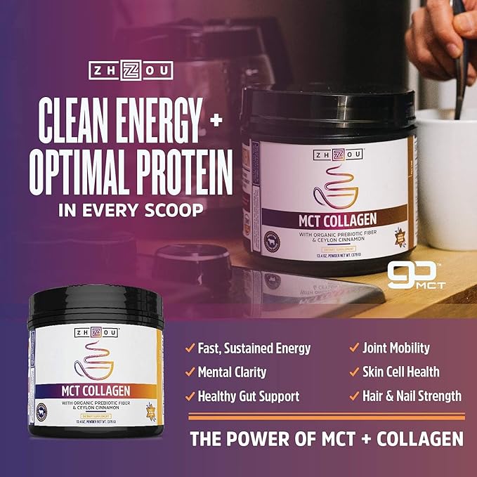 Zhou MCT Flavored Collagen Peptides Powder for Women and Men - Hydrolyzed Collagen Supplement with MCT for Joints Bones Hair Skin &amp Nails - Natural Vanilla Flavor 13.4 oz