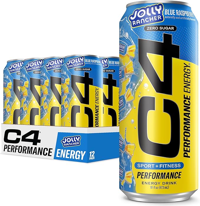 Cellucor C4 Performance Energy Drink | JOLLY RANCHER Blue Raspberry | Zero Sugar Carbonated Preworkout Energy | 200mg Caffeine with Beta Alanine | 16 Fl Oz (12 Pack)