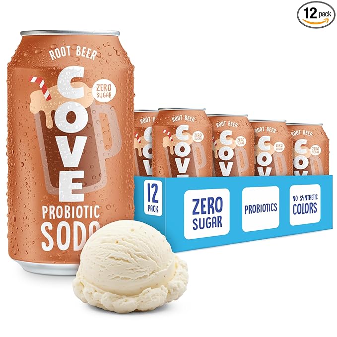 Cove Probiotic Soda Zero Sugar Better-For-You Alternative - Refreshing Delicious Probiotic Drink No Synthetic Colors &amp Caffeine Free - Root Beer 12 Pack