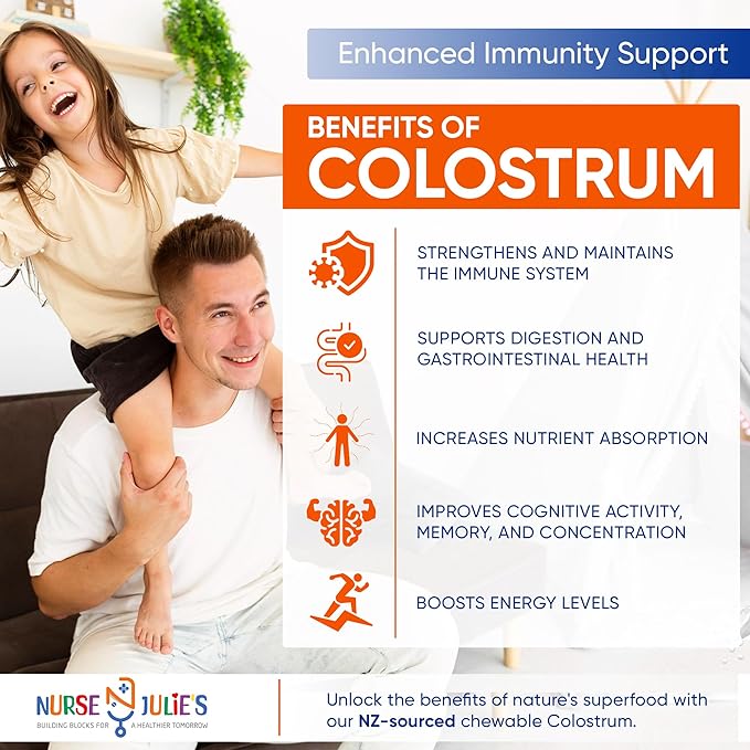 Nurse Julie's Chewable Colostrum Tablets for Kids - 100% Grassfed New Zealand Colostrum - Immune Support Gut Health in Children - 60 Tablets - 2 Month Supply