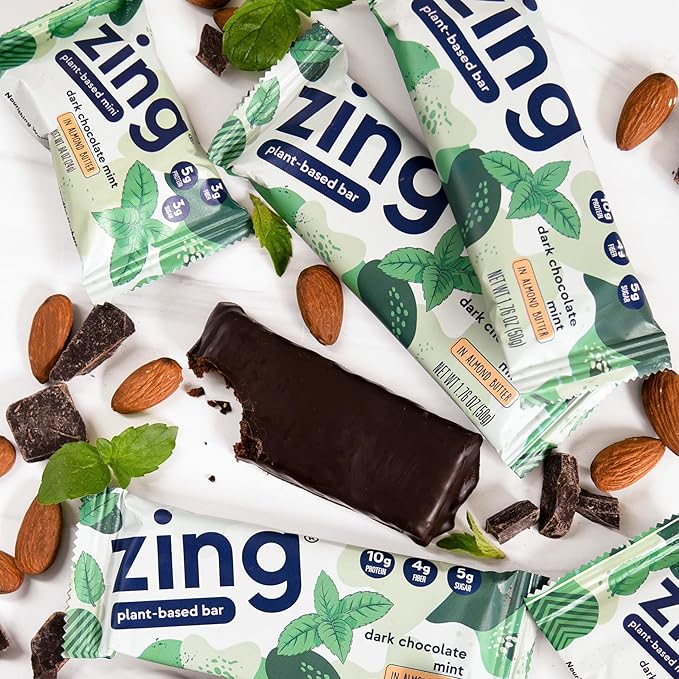 Zing Dark Chocolate Mint Vegan Protein Bars Gluten Free with High Protein High Fiber Dairy Free Nutrition Bars Plant Based Protein Kosher Low Sugar No Sugar Alcohols - 12 count
