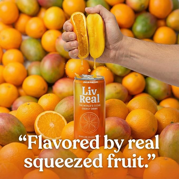 LivReal Clean Energy Drink – Organic Green Tea Caffeine 125mg + L-Theanine 100mg – Real Fruit No Sweeteners or Flavorings – Vitamin C &amp B Complex – Sparkling Orange Mango Water – 12 Pack 12 fl o