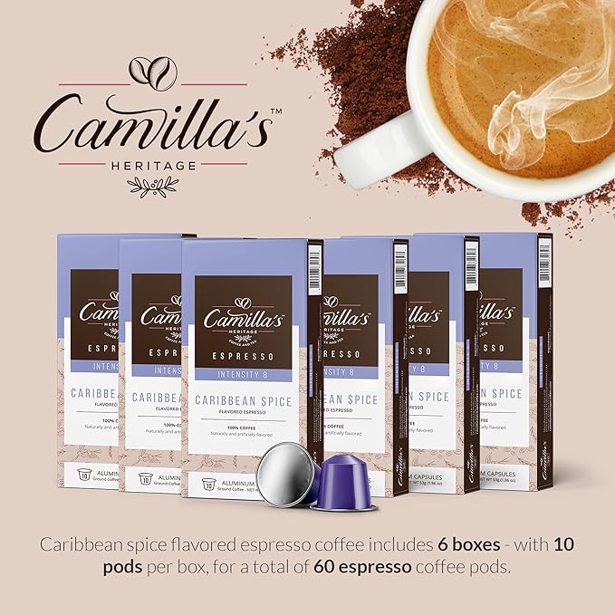 Camilla’s Heritage - Intensity 8 Caribbean Spice Flavored Espresso Coffee Gourmet Espresso Cups 60 Coffee Pods