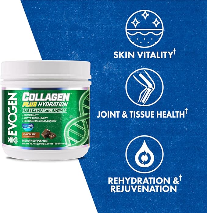 Evogen Collagen Plus Hydration - Grass-Fed Collagen for Women &amp Men | Collagen Peptides Powder | Collagen Powder Supporting Skin Vitality Hydration Joint &amp Tissue Health | Chocolate | 30 Ser