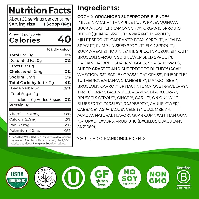 Orgain Organic Greens Powder + 50 Superfoods Original - 1 Billion Probiotics for Digestive Health Antioxidants Vegan Plant-Based Gluten-Free Non-GMO Green Juice &amp Smoothie Drink Mix - 0.62l