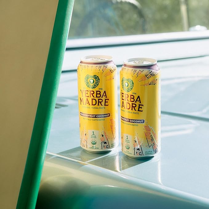 Yerba Madre Organic Yerba Mate Energy Drink Alternative Passionfruit Coconut 150mg Plant Based Caffeine Smooth Energy &amp Focus No Jitters or Crash 15.5oz Cans (Pack of 12)
