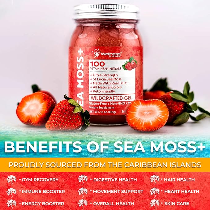 Sea Moss Gel - Wildcrafted Seamoss Gel Superfood - Strawberry Flavor USA-made Irish Sea Moss Vitamin and Mineral-Rich from Pristine Caribbean Waters Immune and Digestive Health Support - 10 oz.