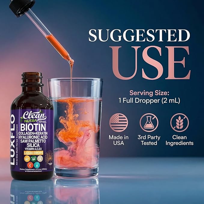 Liquid Biotin &amp Collagen Keratin Hyaluronic Acid Saw Palmetto Drops Vitamins for Hair Growth Support Silica Vitamin A C D Bamboo Turmeric Zinc Folate Magnesium Horsetail LuxFlo By Clean Nutra