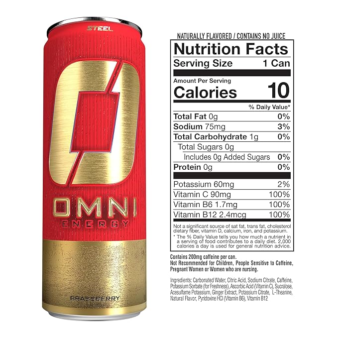 OMNI Energy Drink Variety Pack (Brassberry Florida Kesar Mango) 12oz (Pack of 12) | Clean Caffeine B Vitamins | Sugar Free Low Calorie Energy Drink for All-Day Vitality.