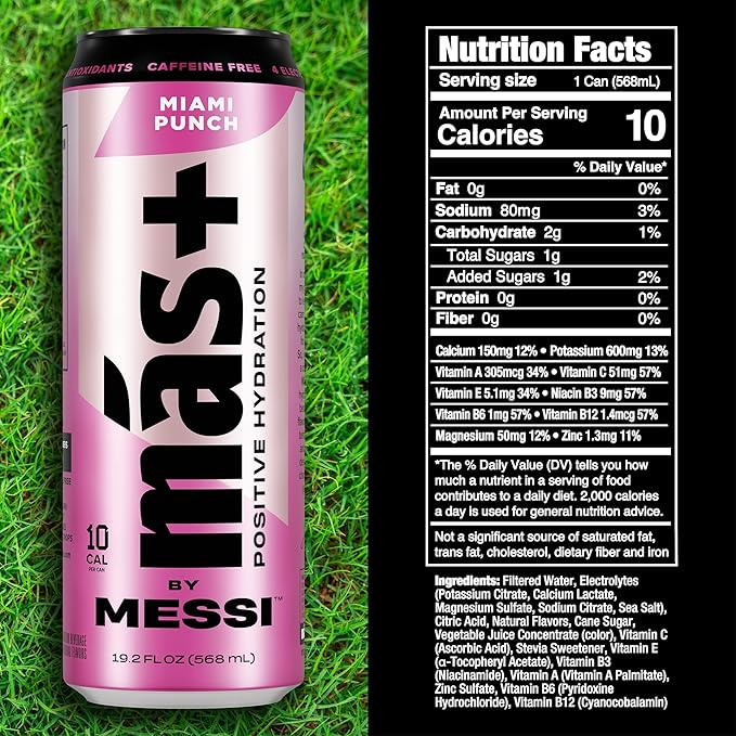 Más+ By Messi 19.2oz Miami Punch Sports Drink &amp Hydration Beverage Natural Flavors with Vitamins and Electrolytes No Artificial Sweeteners or Colors 12-pack