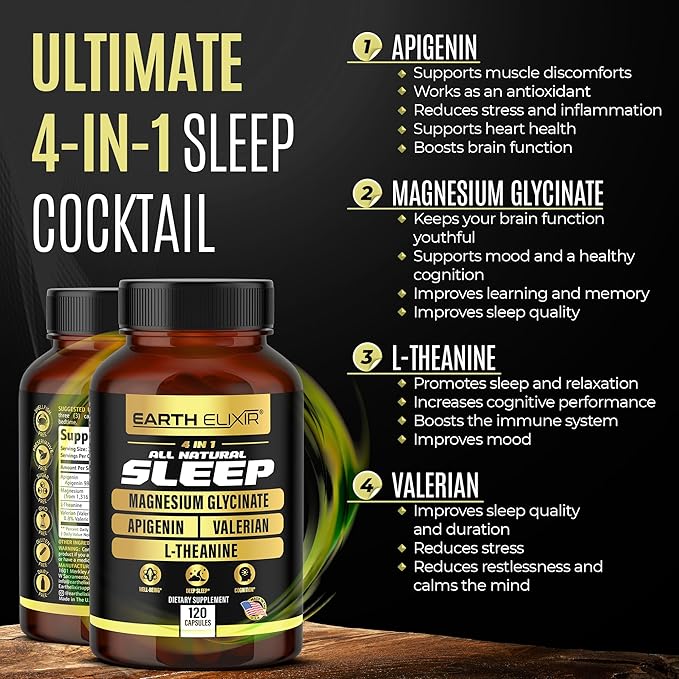 Earth Elixir 4-in-1 Sleep Aid (120 Caps) w/Apigenin 50mg Magnesium Glycinate 200mg L Theanine 200mg &amp Valerian Root for Sleep Aid 300mg | Apigenin Supplement for Sleep | Sleeping Pills