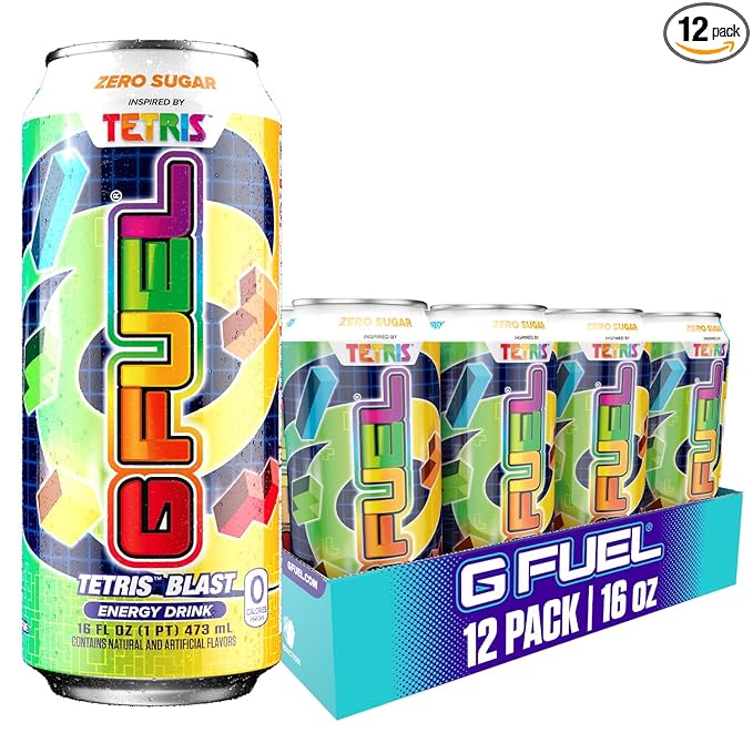 G Fuel Energy Drink Candy Flavor Sugar Free Beverage with 300mg Caffeine Daily Energy Boost with Focus Amino Vitamin + Antioxidants 16 oz Cans (Tetris 12-Pack)