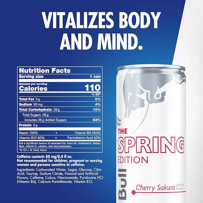 Red Bull Spring Edition Energy Drink Cherry Sakura 80mg Caffeine Taurine &amp B Vitamins 8.4 fl. oz. Pack of 24 Cans
