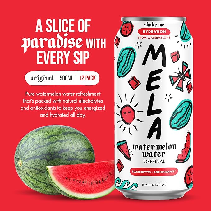 Mela Watermelon Water - Watermelon Juice 100 Percent Natural Fruit Juice with Vitamin C Electrolytes Antioxidants - Coconut Water Alternative Gluten-Free (Original 16.9 fl oz 12-pack)