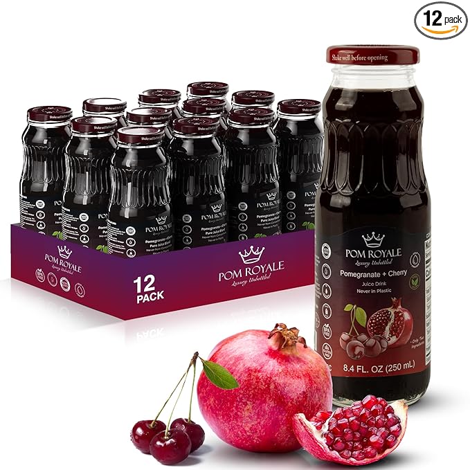 Pure Pomegranate &amp Cherry Juice 8.4oz Glass Bottle (Pack of 12) Cold Pressed Juice Not from Concentrate Non-GMO No Sugar Added Gluten Free Kosher Certified Preservative Free