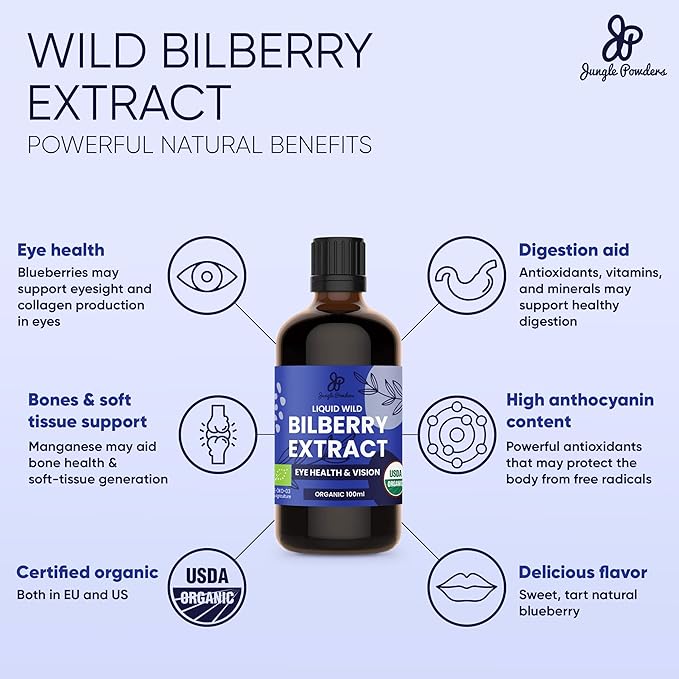 Jungle Powders Wild Bilberry Extract for Eyes USDA Organic 3.4oz Bottle of Liquid Bilberry Anthocyanin Alcohol-Free European Blueberry Bilberry Supplement for Eyes High Bioavailability Liquid Extract