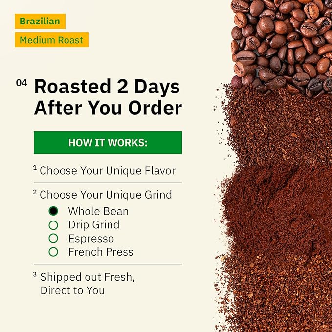 Brazilian Santos Medium Roast Coffee Beans - 2LB Single Origin Arabica Specialty Coffee Espresso Fine Grind Freshly Roasted to Order Fair Trade