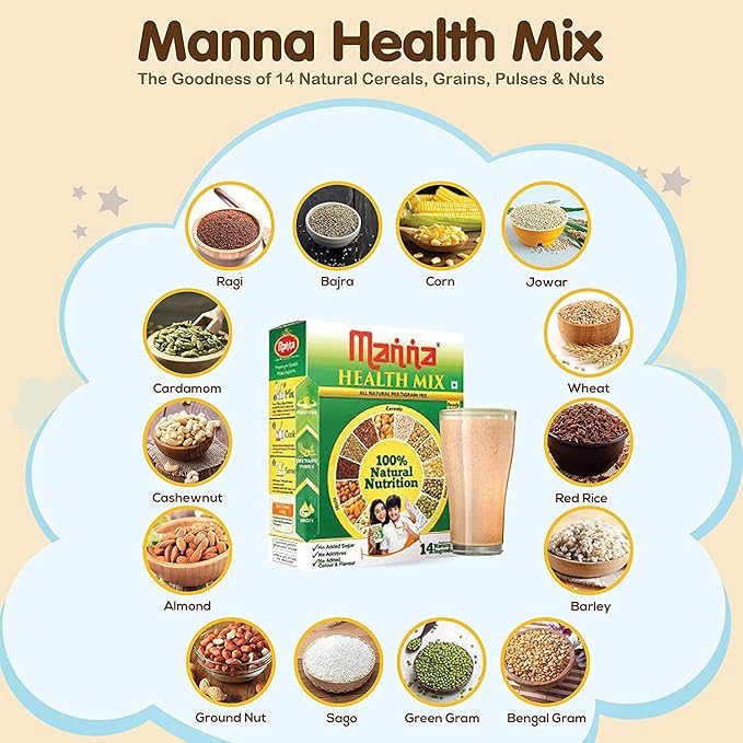 Manna Health Mix | 100% Natural Multigrain Nutrition Drink for Kids | Multi Millet Health Drink Mix Powder 1kg (500g x 2 Packs) | 14 Natural Ingredients