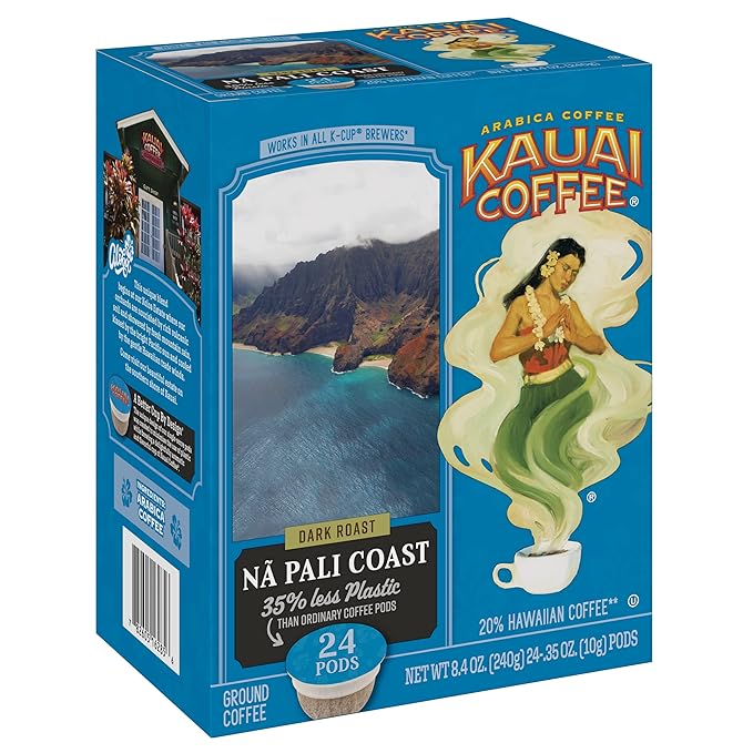Kauai Coffee Pods Compatible with K-Cup Pods for Keurig Brewers – 20% Hawaiian Arabica – Dark Roast Rich Smooth No Bitterness – Na Pali Coast 1 Pack of 24 Single Serve Cups