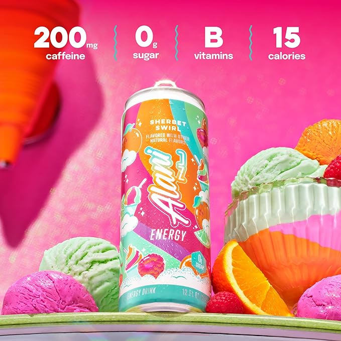 Alani Nu SHERBET SWIRL Sugar Free Low Calorie Energy Drinks 200mg Caffeine Biotin B Vitamins Zero Sugar 10 Calories 12 Fl Oz Cans 12 Pack