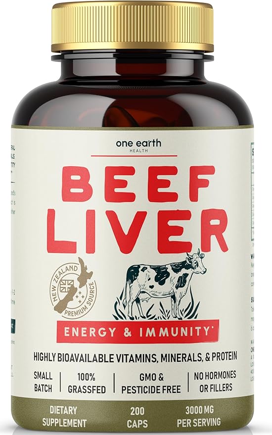 One Earth Health Beef Liver Capsules. 100% Grass Fed New Zealand Beef Liver. Pasture Raised. GMO and Filler Free. 200 Capsules (3000mg Serving)