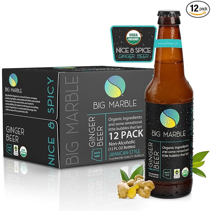 Big Marble Organic Ginger Beer Premium Non-Alcoholic Real Ginger Fair Trade Certified No Artificial Sweeteners/Colors for Cocktails &amp Mocktails - 12 Pack 355ml (12 Fl Oz) Bottles