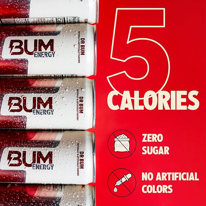 BUM Sugar-Free Energy Drink Dr BUM - Lightly Carbonated &amp No Artificial Colors Natural Caffeine &amp Citicoline for Energy &amp Focus Brain Boost &amp Workout Sports Beverage - 12 oz 12-Pac