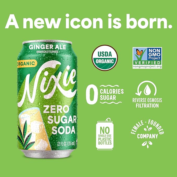 Nixie Organic Zero Sugar Soda Ginger Ale Healthy Soda Pop Non-GMO 0 Sugar 0 Calories Caffeine Free 12oz Cans (12 Pack)