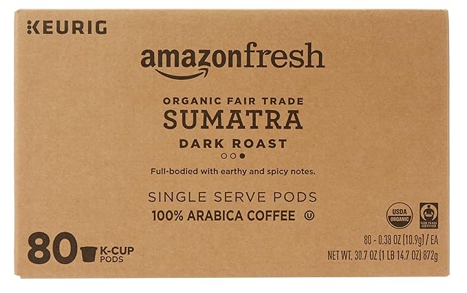 AmazonFresh 80 Ct. Organic Fair Trade K-Cups Sumatra Dark Roast Keurig K-Cup Brewer Compatible