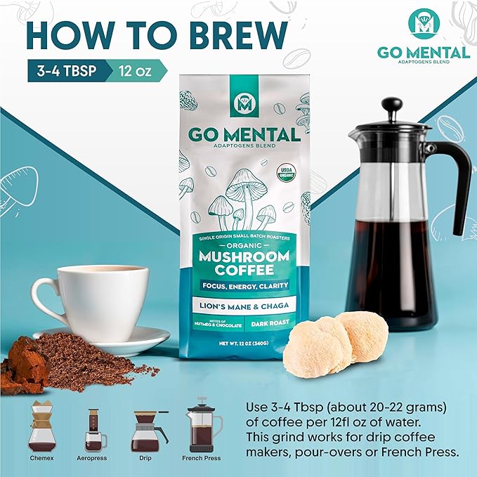 Organic Lion's Mane &amp Chaga Mushroom Coffee Ground Dark Roast Full Fruiting Bodies For Enhanced Brain Function Immune Support Wellbeing Grade 1 Single Origin 12oz - Ground