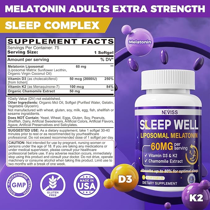 NEVISS 1Pack 60mg Melatonin Liposomal for Adults High Dose Deep Rest &amp Brain Cognition Extra Strength with Vitamin D3 K2 Chamomile for Sound Zzz Cycle Power Antioxidant 75 Softgels