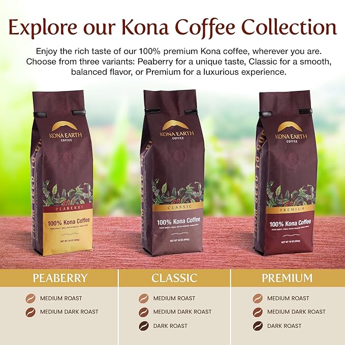 KONA EARTH 100% Kona Premium Coffee Medium Dark Roast Whole Bean 1 lb (16oz) Farm-Direct Authentic Hawaiian Kona Coffee beans from Hawaii’s Big Island Micro-Batch-Roasted
