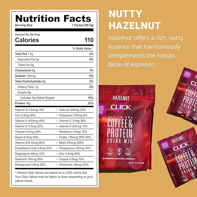 Click Coffee Protein Powder | Double Shot Espresso | 16g Protein | 23 Essential Vitamins | Low Calorie Meal Replacement | 150mg Caffeine | Gluten Free | No Artificial Flavors or Colors | Hazelnut
