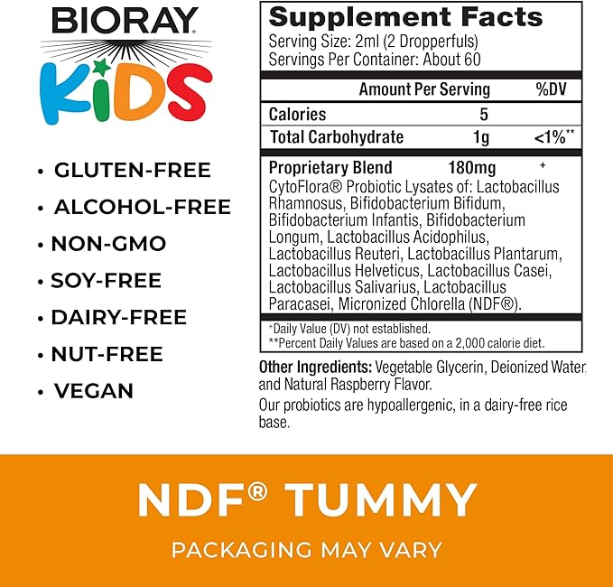 BIORAY Kids NDF Tummy Raspberry - 4 fl oz (120 mL) - 11-Strain Probiotic Blend - Supports the Immune Response in the GI Tract - Non-GMO Vegan Gluten Free - Approx. 120 Servings