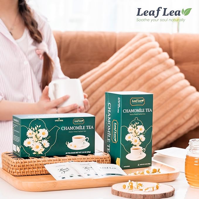 LeafLea Chamomile and Black Tea Blend Chamomile Tea Bags Black Tea &amp Pure Camomile Flowers Manzanilla Tea Bags Stress Relief Vegan Supports Digestion Ideal Wellness Gift Box | 80 Bags