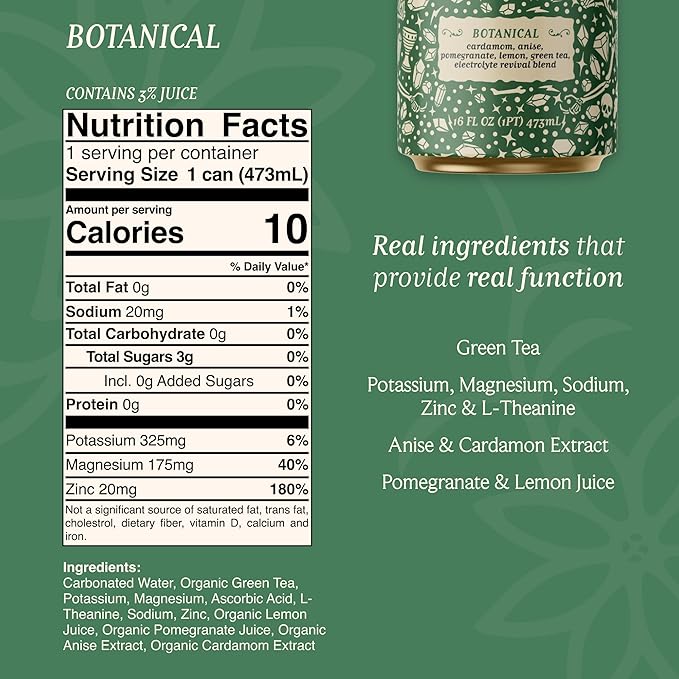 Corpse Reviver: Electrolyte Hydration Drink | Organic Non-Alcoholic 175mg Magnesium 325mg Potassium 75mg L-Theanine 20mg Zinc 20mg Sodium (Canned Flavored Sparkling Water) Botanical 12-Pack