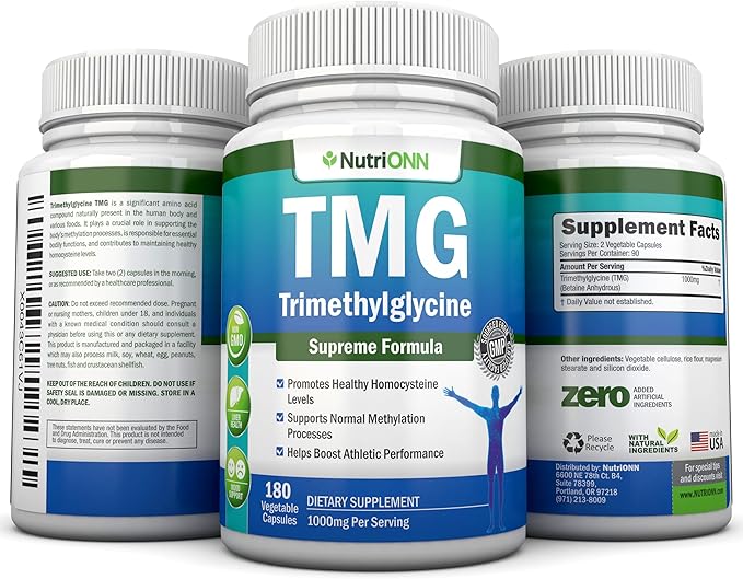 TMG Trimethylglycine Supplement - 1000mg - 180 Capsules - Premium Pure Betaine Anhydrous - Supports Normal Homocysteine &amp Blood Pressure Levels - Promotes Methylation Processes - Non-GMO Formula