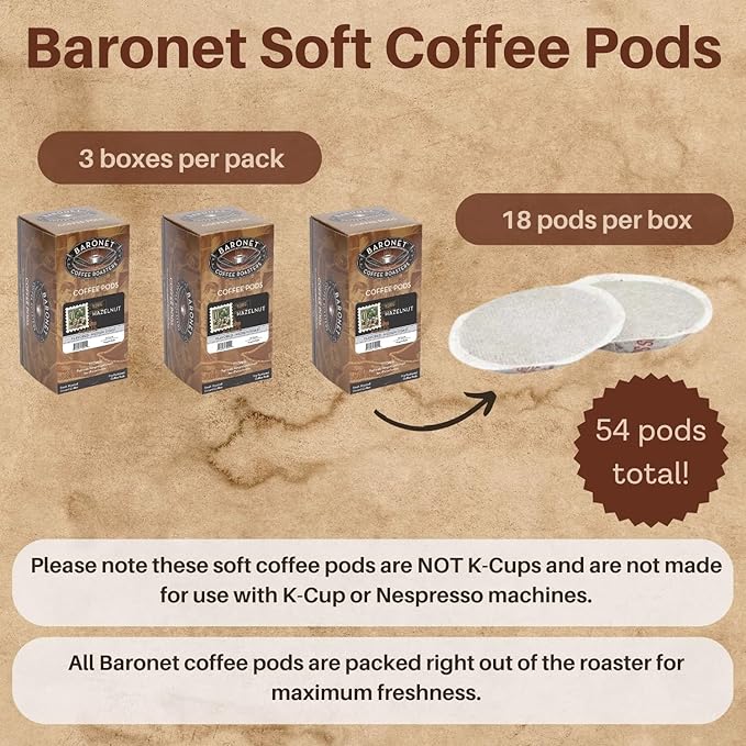 Baronet Coffee Pods [Hazelnut Coffee-54 Pods] Flavored Single Cup Use Like Senseo [3 Boxes of 18 Single Serve 10 Gram] Regular Strength Medium Roast [Hazelnut]